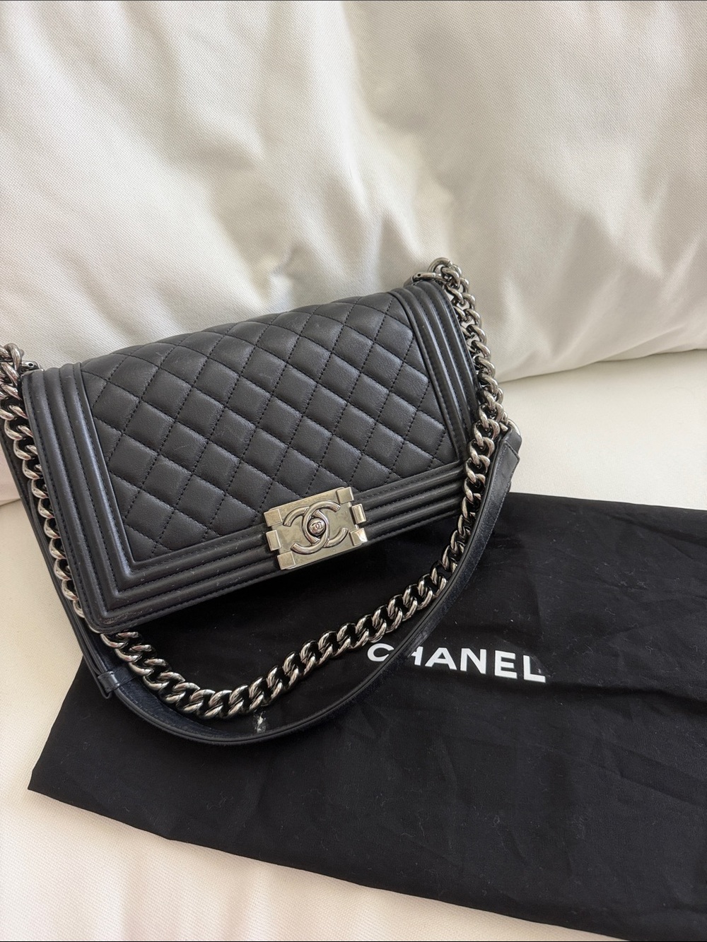 CHANEL Black Quilted Boy Shoulder Bag with Silver Hardware